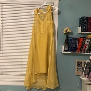 Yellow layer dress, yellow slip under see through button dress